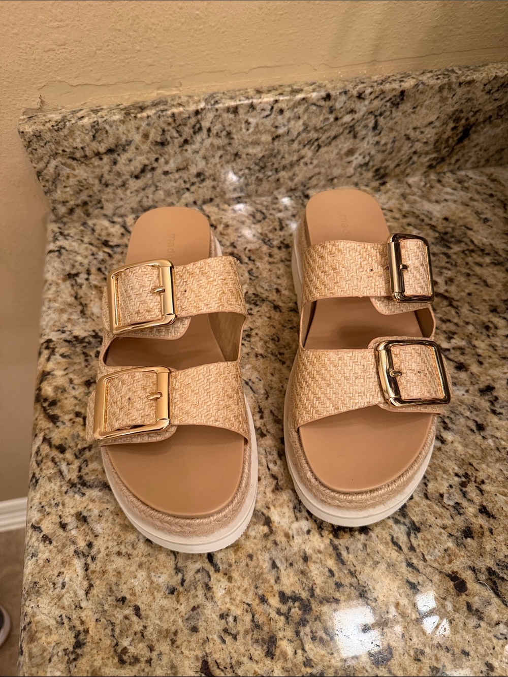 Madden Girl Beige Woven Double-Buckle Slide Sandals